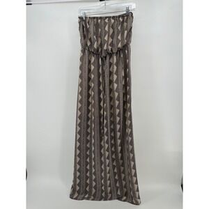 Poetry Clothing Womens XL Strapless Geometric Tribal Print Maxi Dress Tan Black